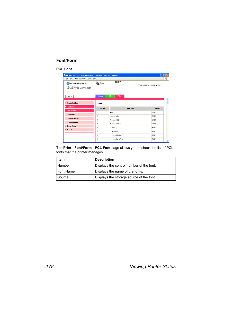 Font/form, Font/form 178, Viewing printer status 178 | Konica Minolta bizhub C20PX User Manual | Page 196 / 342