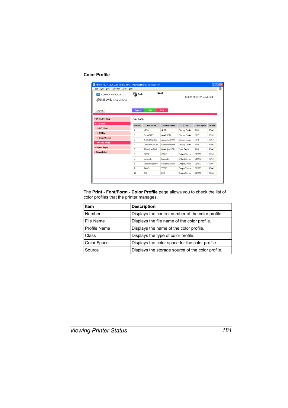 Viewing printer status 181 | Konica Minolta bizhub C20PX User Manual | Page 199 / 342