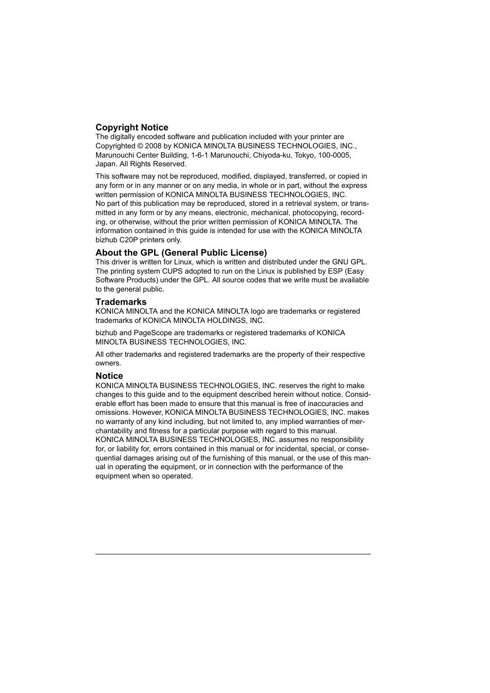 Copyright notice, About the gpl (general public license), Trademarks | Notice | Konica Minolta bizhub C20PX User Manual | Page 2 / 342