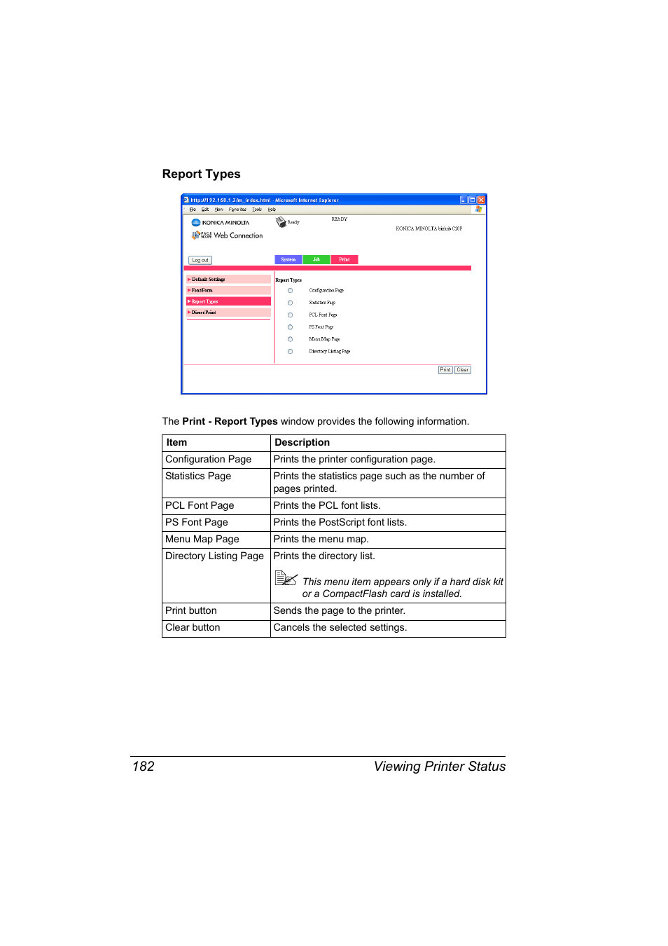 Report types, Report types 182, Viewing printer status 182 | Konica Minolta bizhub C20PX User Manual | Page 200 / 342