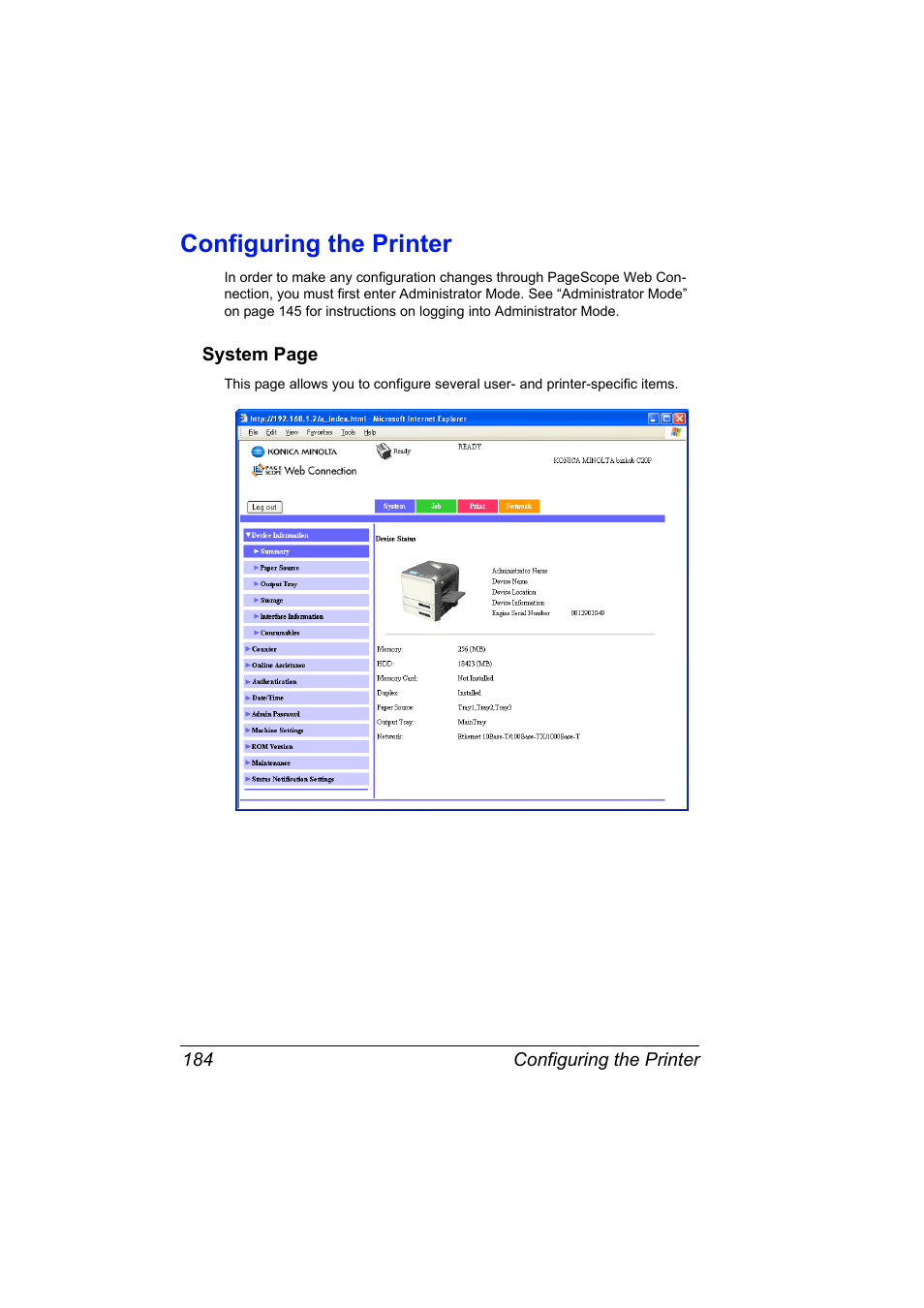 Configuring the printer, Configuring the printer 184 | Konica Minolta bizhub C20PX User Manual | Page 202 / 342