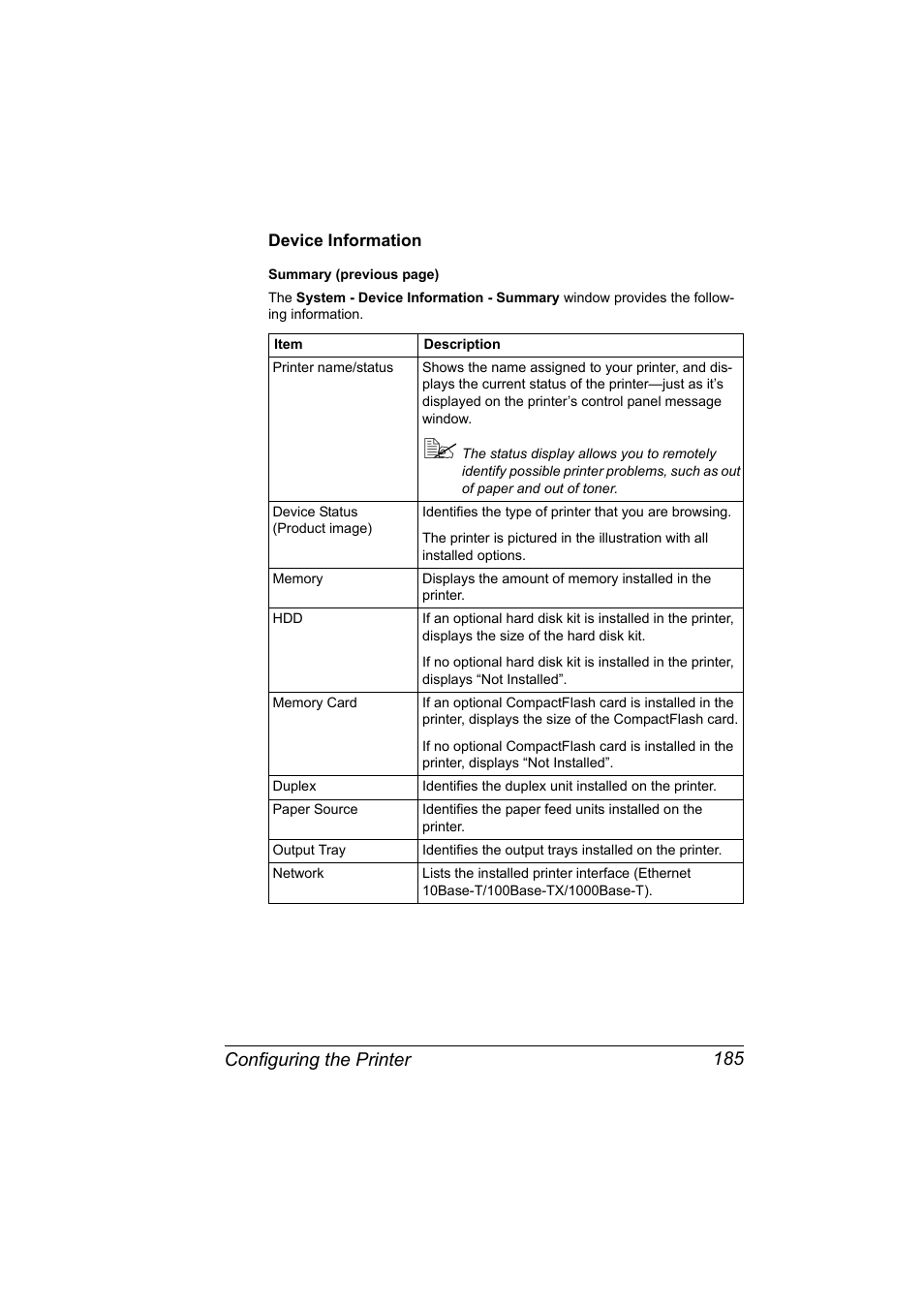 Device information, Device information 185, Configuring the printer 185 | Konica Minolta bizhub C20PX User Manual | Page 203 / 342