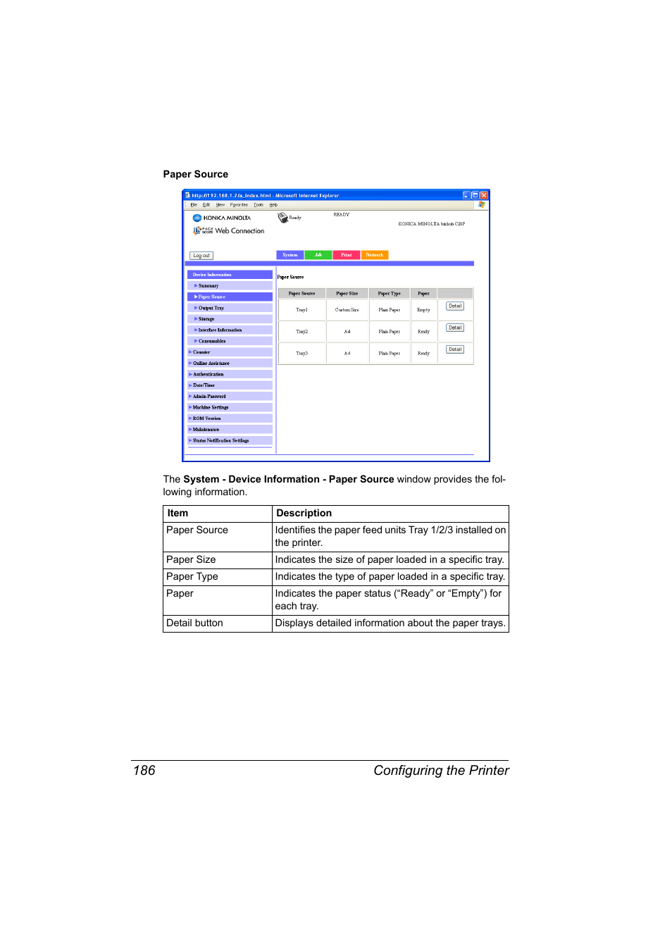 Configuring the printer 186 | Konica Minolta bizhub C20PX User Manual | Page 204 / 342