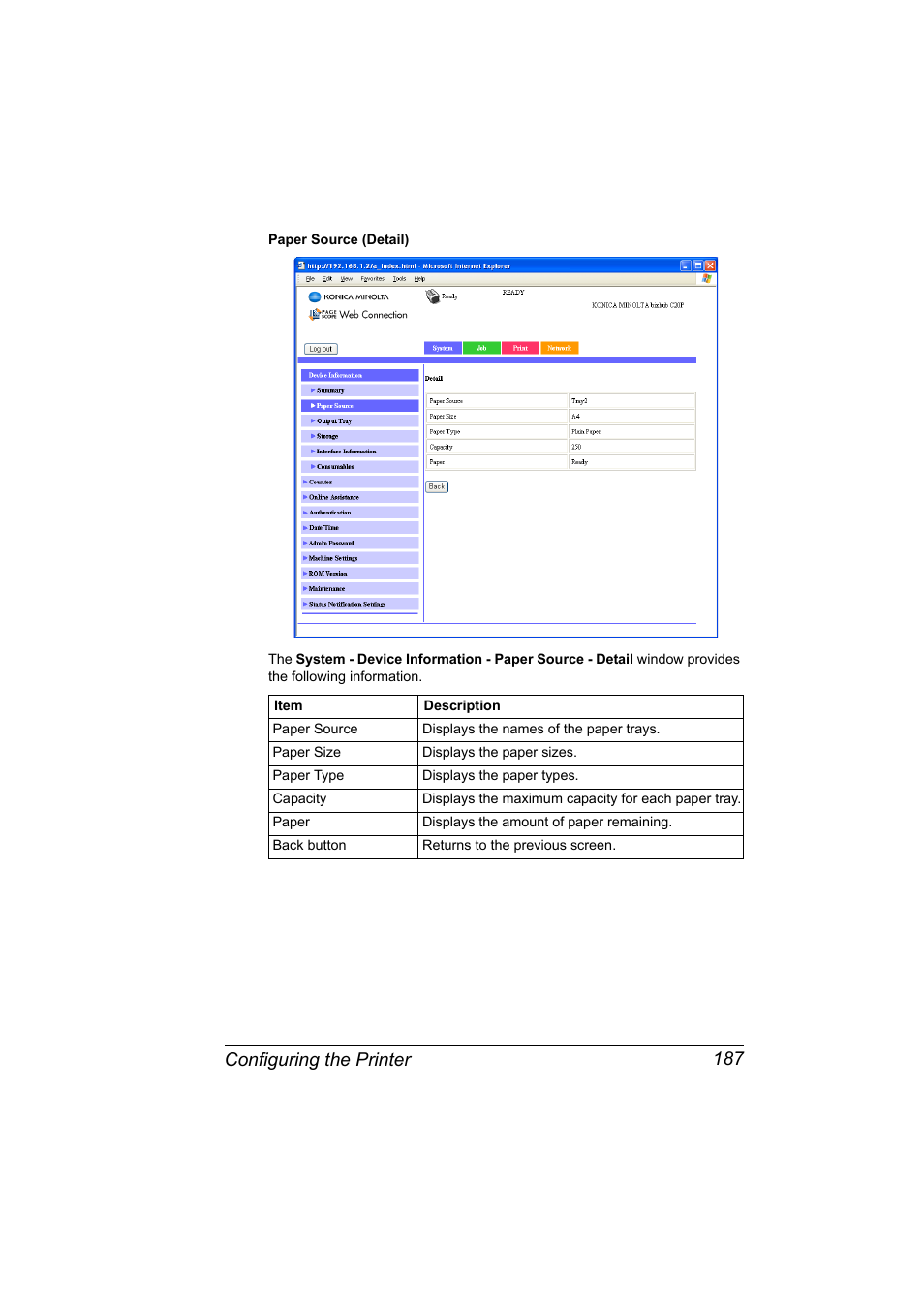 Configuring the printer 187 | Konica Minolta bizhub C20PX User Manual | Page 205 / 342