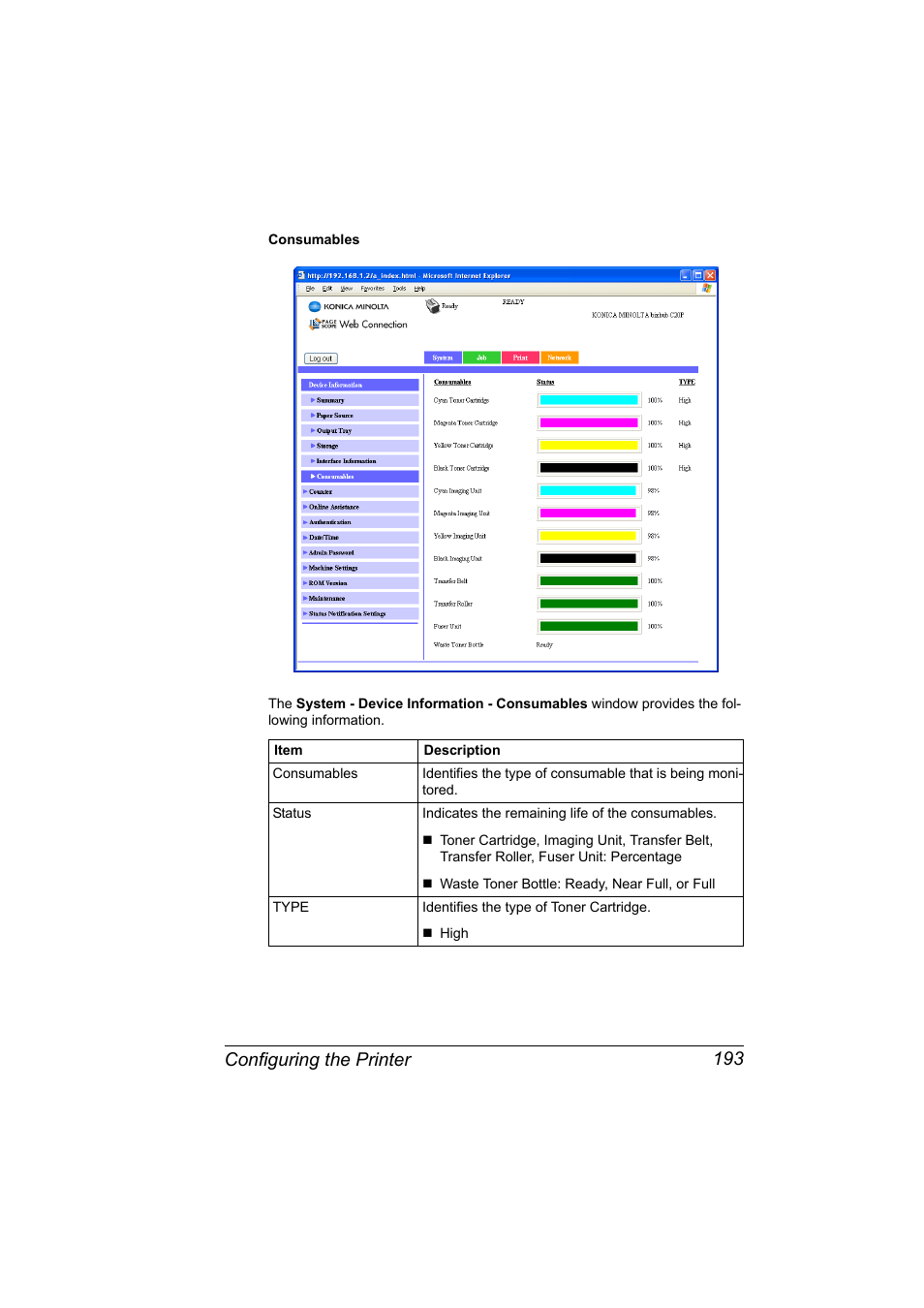 Configuring the printer 193 | Konica Minolta bizhub C20PX User Manual | Page 211 / 342