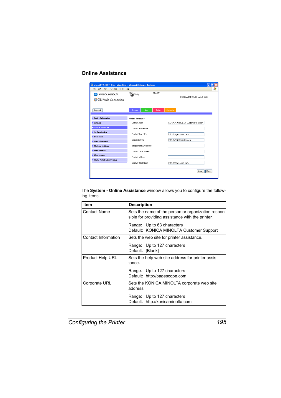 Online assistance, Online assistance 195, Configuring the printer 195 | Konica Minolta bizhub C20PX User Manual | Page 213 / 342