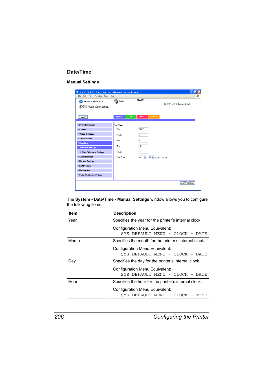 Date/time, Date/time 206, Configuring the printer 206 | Konica Minolta bizhub C20PX User Manual | Page 224 / 342