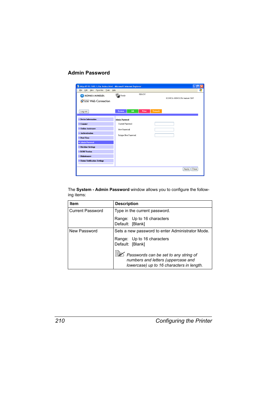 Admin password, Admin password 210 | Konica Minolta bizhub C20PX User Manual | Page 228 / 342