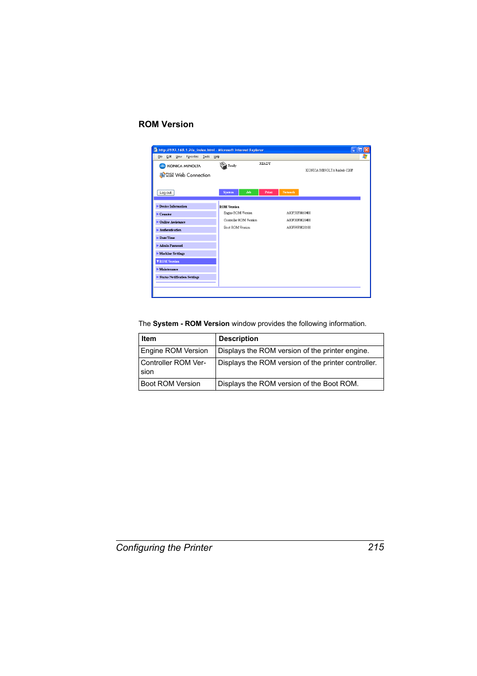 Rom version, Rom version 215, Configuring the printer 215 | Konica Minolta bizhub C20PX User Manual | Page 233 / 342