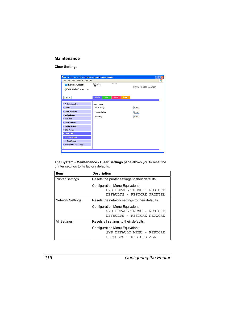 Maintenance, Maintenance 216, Configuring the printer 216 | Konica Minolta bizhub C20PX User Manual | Page 234 / 342