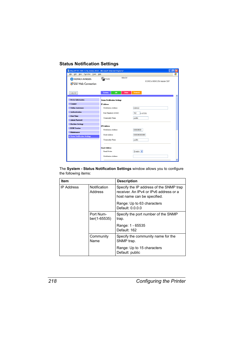 Status notification settings, Status notification settings 218, Configuring the printer 218 | Konica Minolta bizhub C20PX User Manual | Page 236 / 342