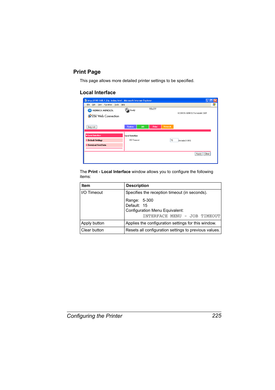 Local interface, Local interface 225, Configuring the printer 225 print page | Konica Minolta bizhub C20PX User Manual | Page 243 / 342