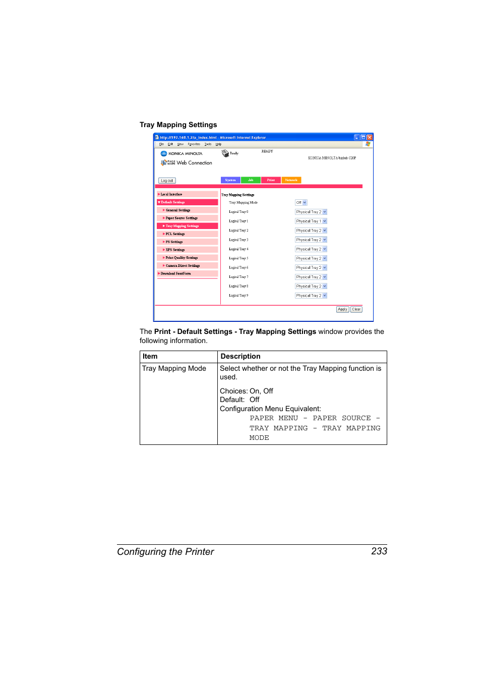Configuring the printer 233 | Konica Minolta bizhub C20PX User Manual | Page 251 / 342