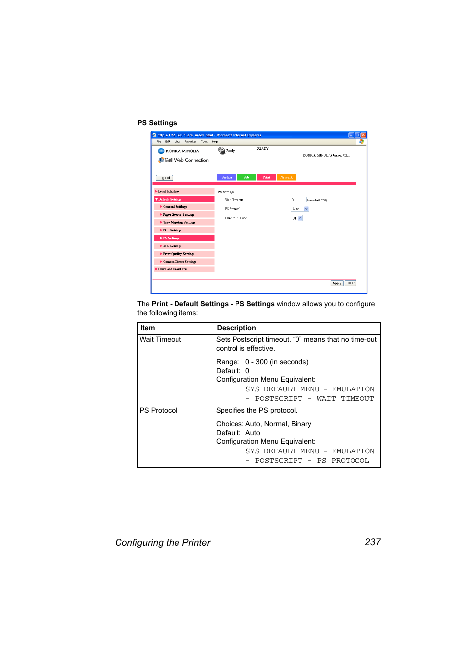 Configuring the printer 237 | Konica Minolta bizhub C20PX User Manual | Page 255 / 342