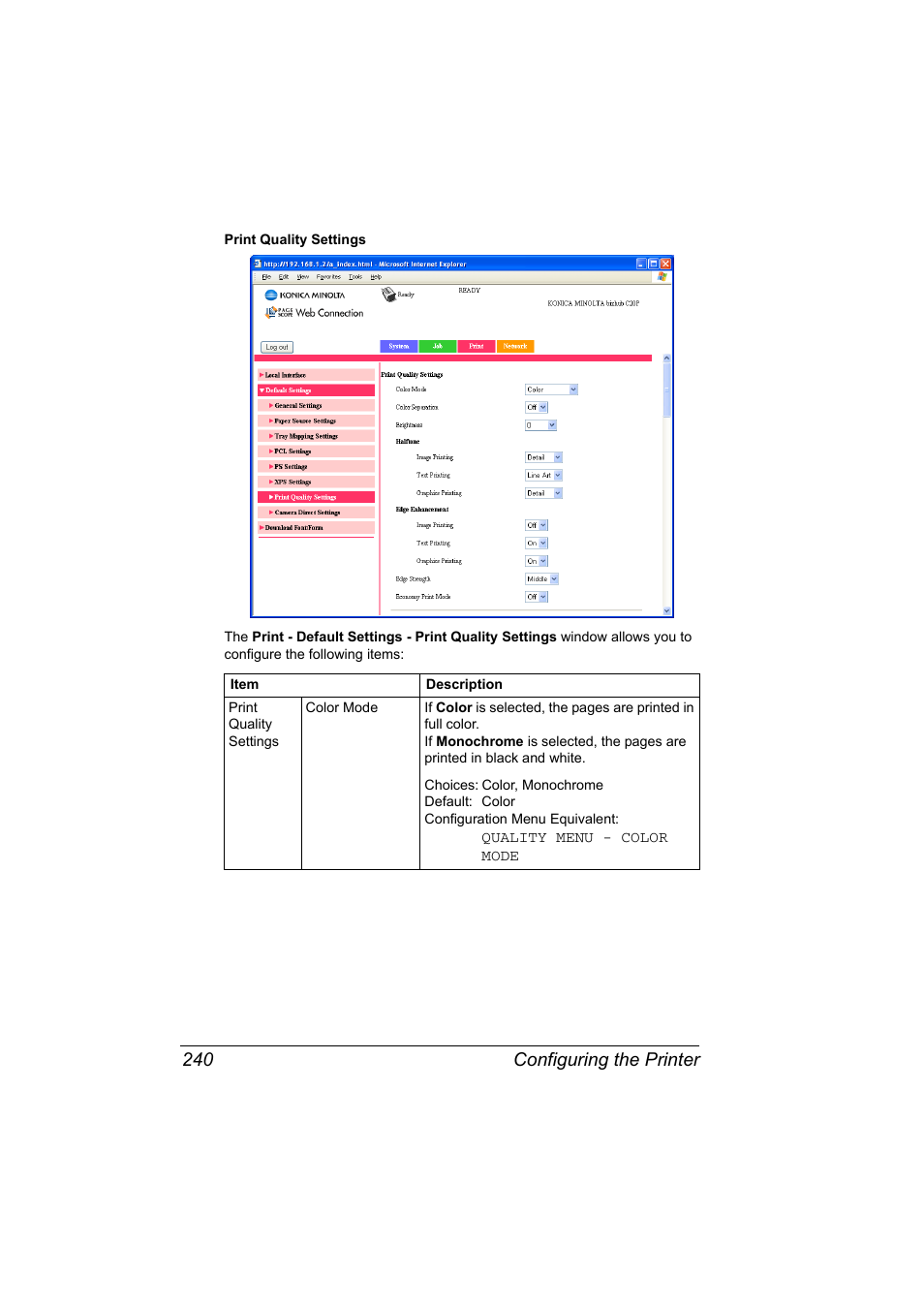 Configuring the printer 240 | Konica Minolta bizhub C20PX User Manual | Page 258 / 342