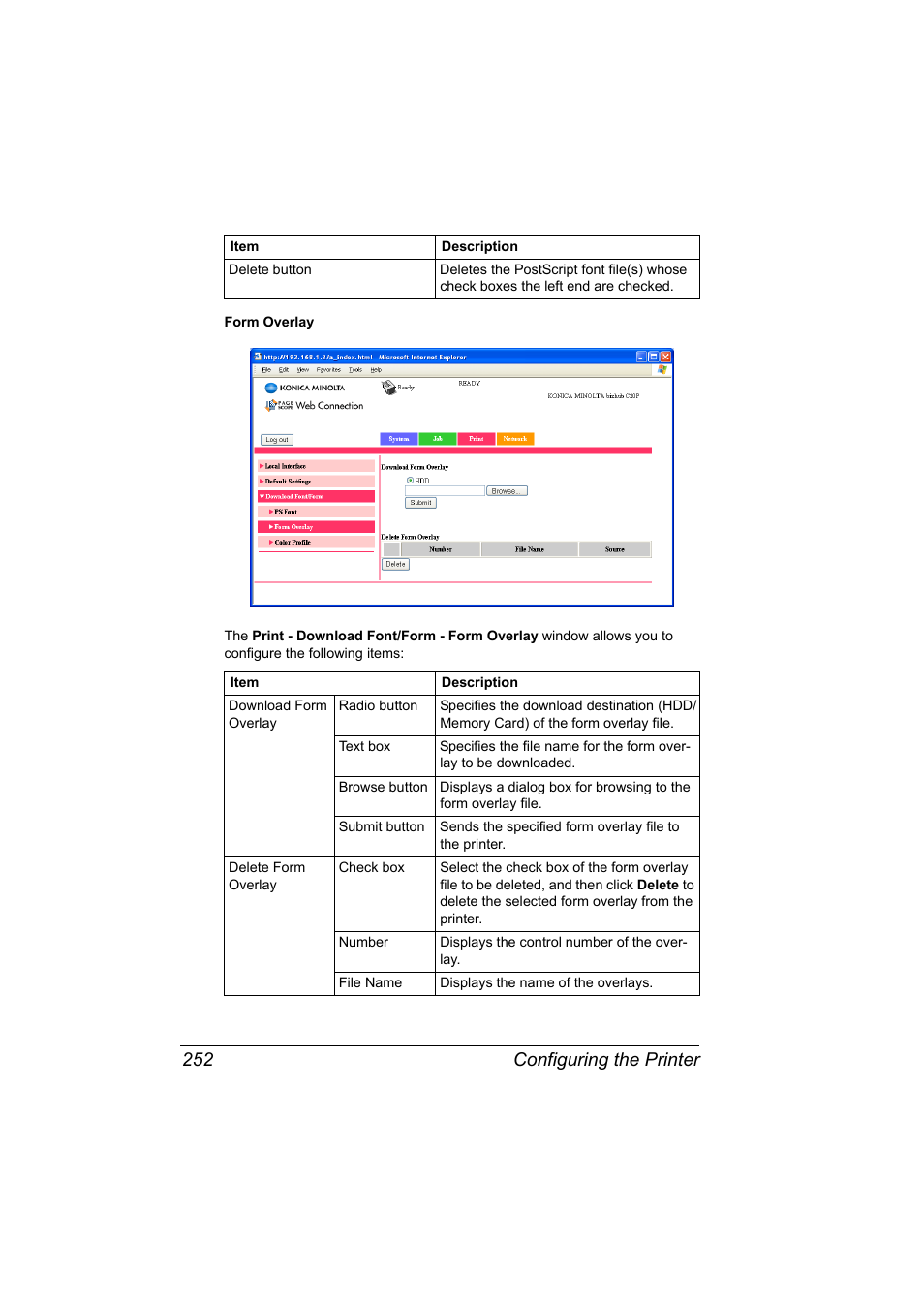 Configuring the printer 252 | Konica Minolta bizhub C20PX User Manual | Page 270 / 342