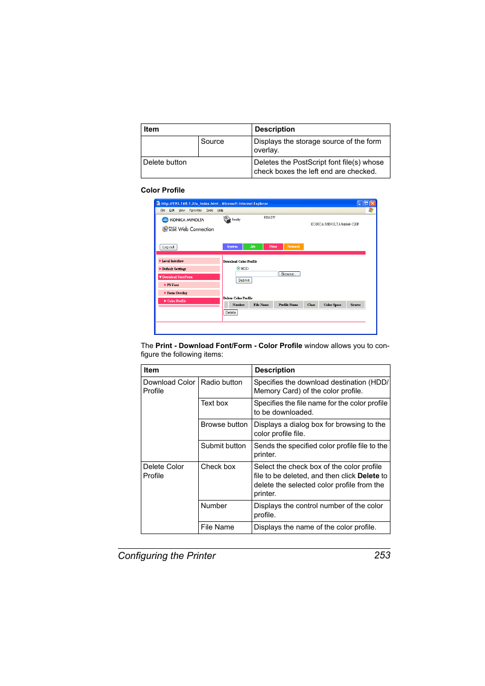 Configuring the printer 253 | Konica Minolta bizhub C20PX User Manual | Page 271 / 342