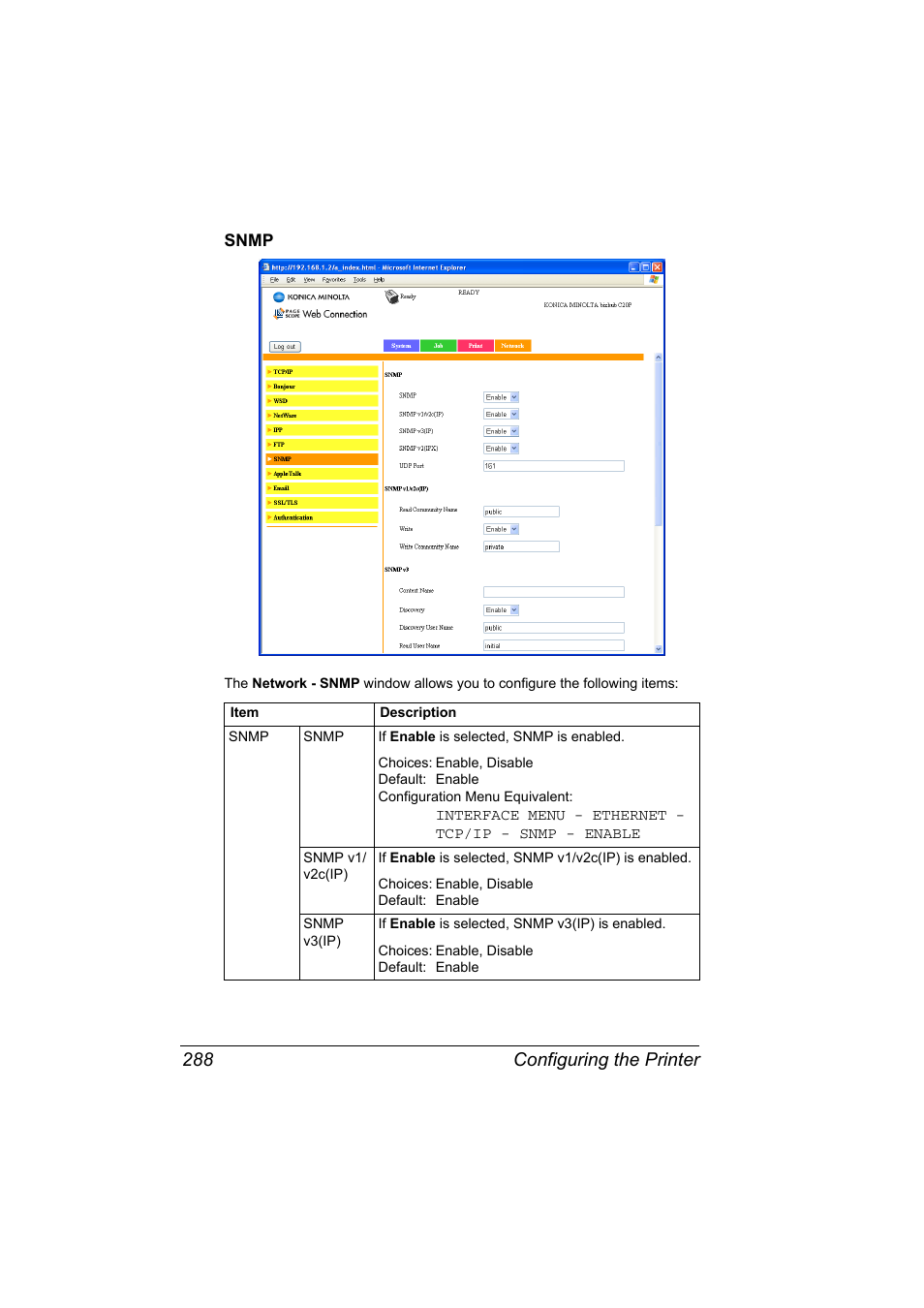 Snmp, Snmp 288, Configuring the printer 288 | Konica Minolta bizhub C20PX User Manual | Page 306 / 342