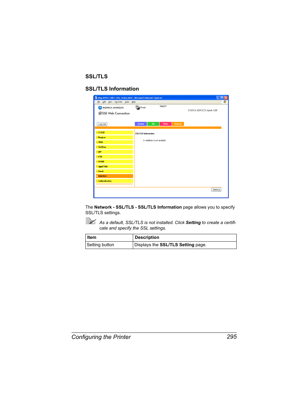 Ssl/tls, Ssl/tls information, Ssl/tls 295 ssl/tls information 295 | Konica Minolta bizhub C20PX User Manual | Page 313 / 342