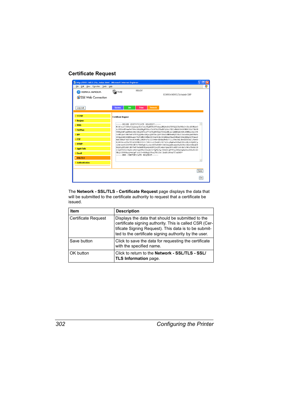 Certificate request, Certificate request 302, Configuring the printer 302 | Konica Minolta bizhub C20PX User Manual | Page 320 / 342