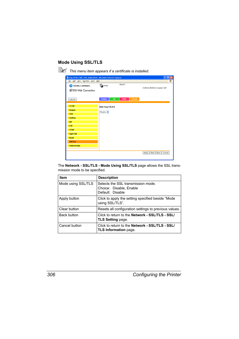 Mode using ssl/tls, Mode using ssl/tls 306, Configuring the printer 306 | Konica Minolta bizhub C20PX User Manual | Page 324 / 342