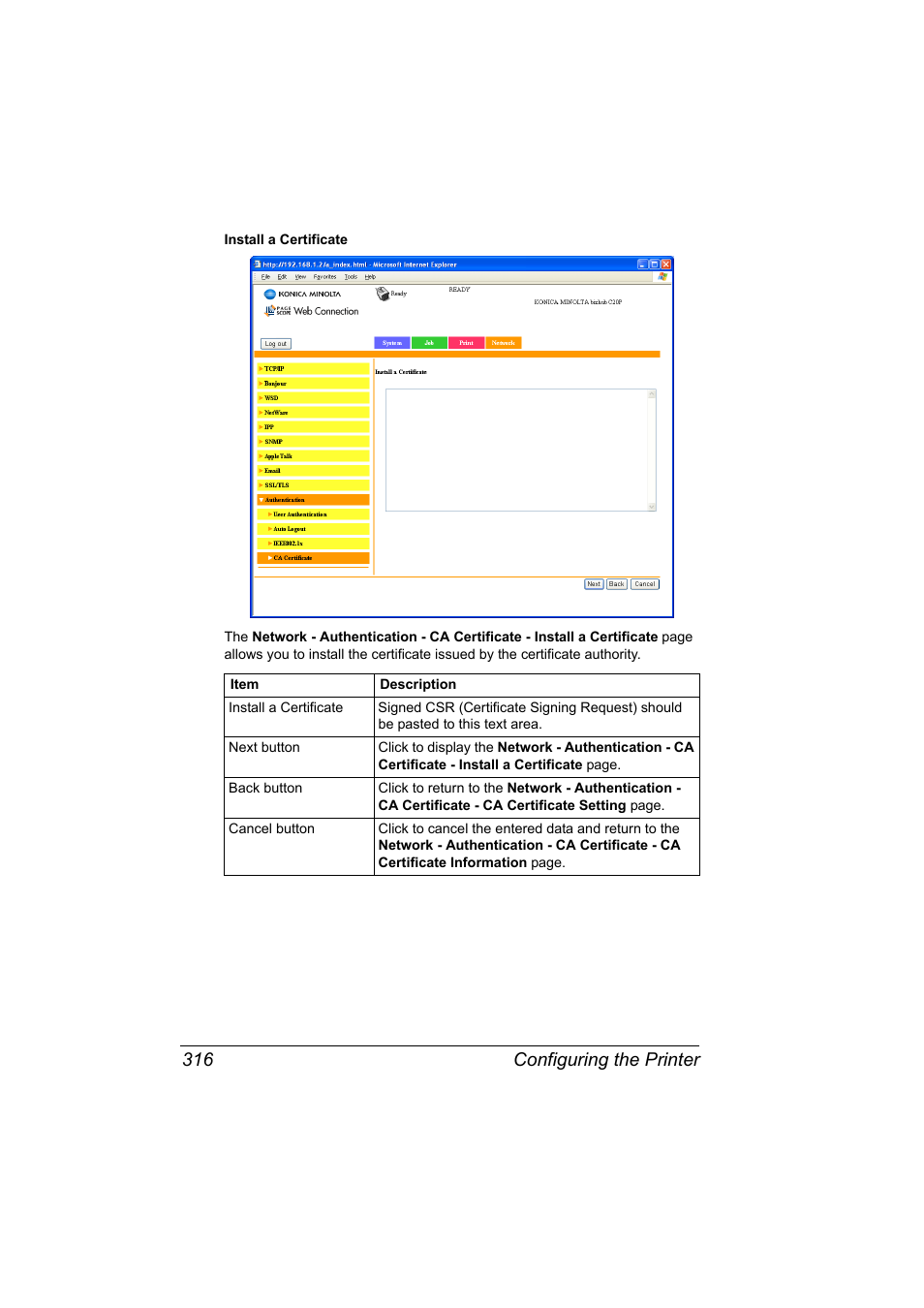 Configuring the printer 316 | Konica Minolta bizhub C20PX User Manual | Page 334 / 342