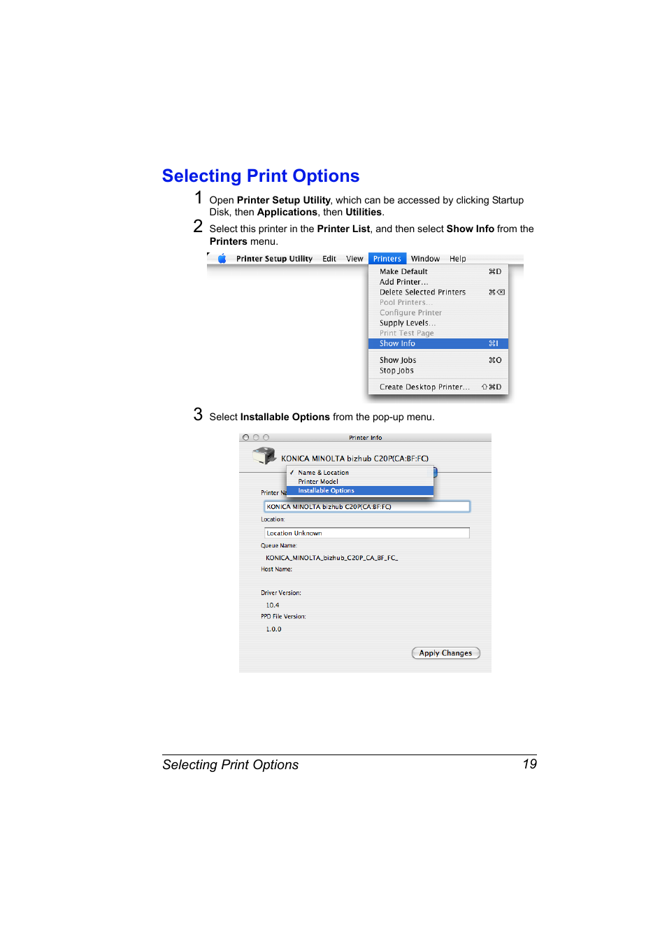 Selecting print options, Selecting print options 19, Selecting print options 1 | Konica Minolta bizhub C20PX User Manual | Page 37 / 342