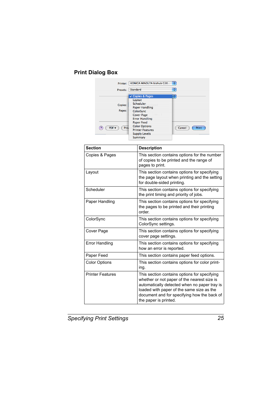 Print dialog box, Print dialog box 25, Specifying print settings 25 print dialog box | Konica Minolta bizhub C20PX User Manual | Page 43 / 342