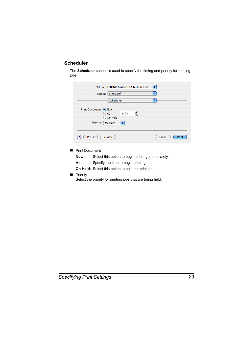 Scheduler, Scheduler 29, Specifying print settings 29 scheduler | Konica Minolta bizhub C20PX User Manual | Page 47 / 342