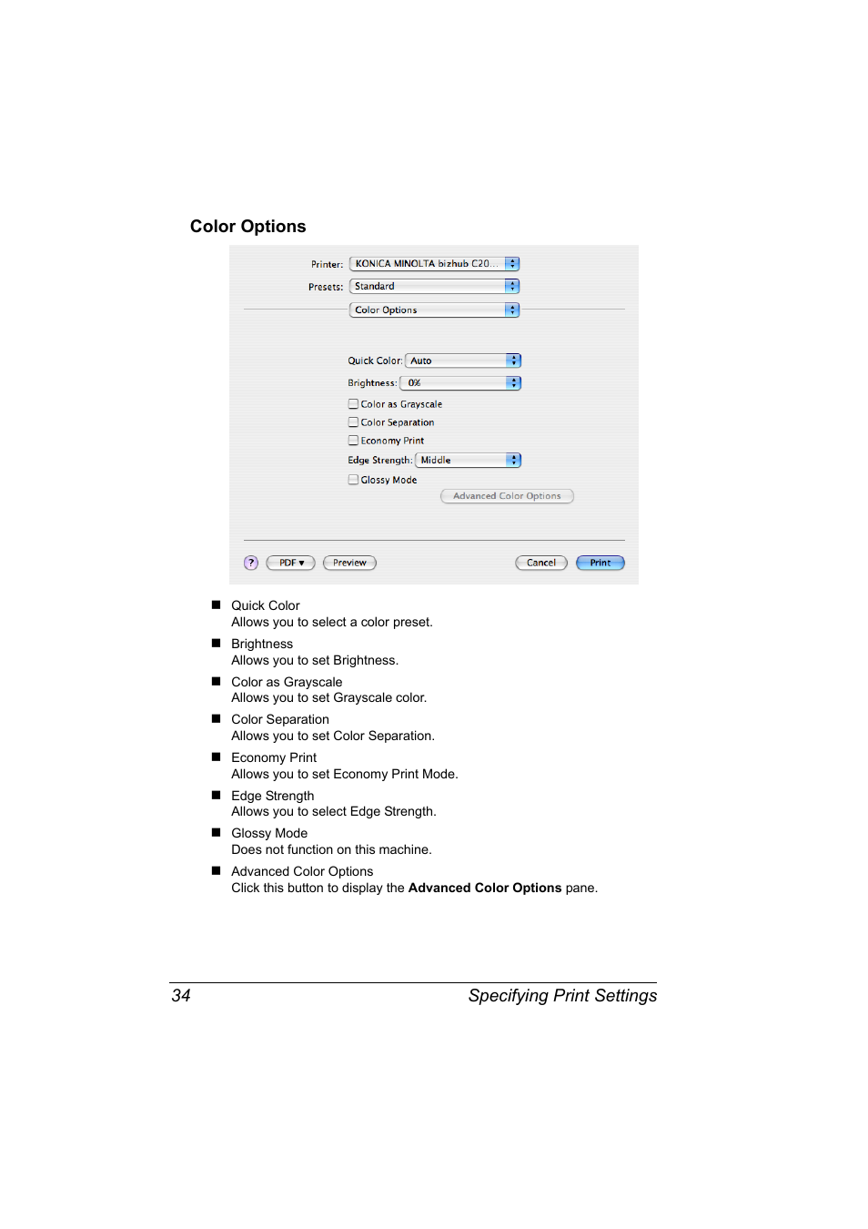 Color options, Color options 34, Specifying print settings 34 color options | Konica Minolta bizhub C20PX User Manual | Page 52 / 342