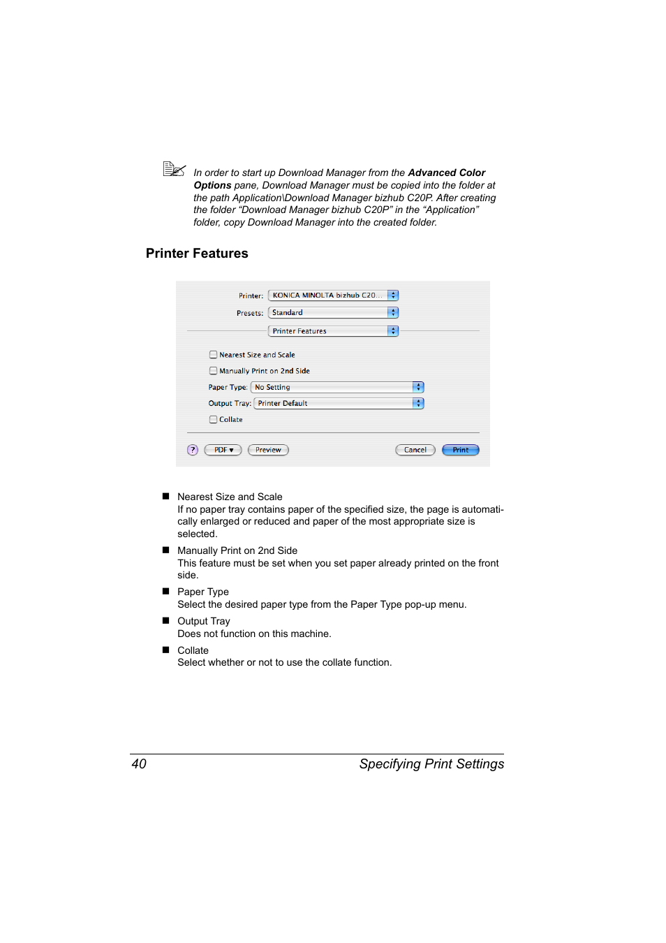 Printer features, Printer features 40 | Konica Minolta bizhub C20PX User Manual | Page 58 / 342