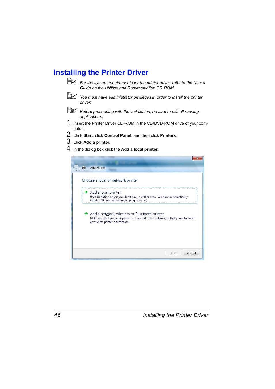 Installing the printer driver, Installing the printer driver 46 | Konica Minolta bizhub C20PX User Manual | Page 64 / 342