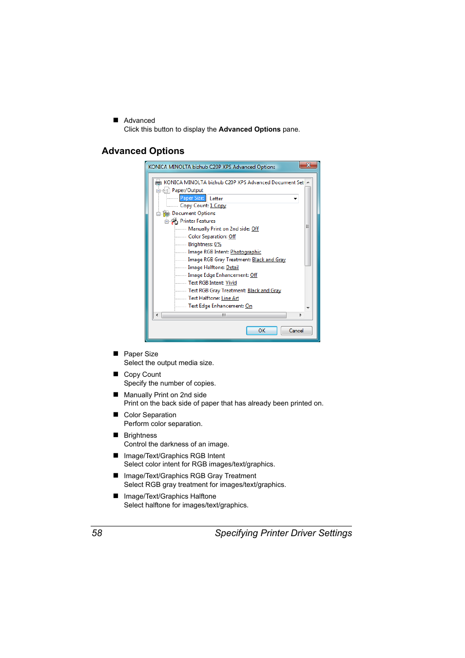 Advanced options, Advanced options 58, Specifying printer driver settings 58 | Konica Minolta bizhub C20PX User Manual | Page 76 / 342