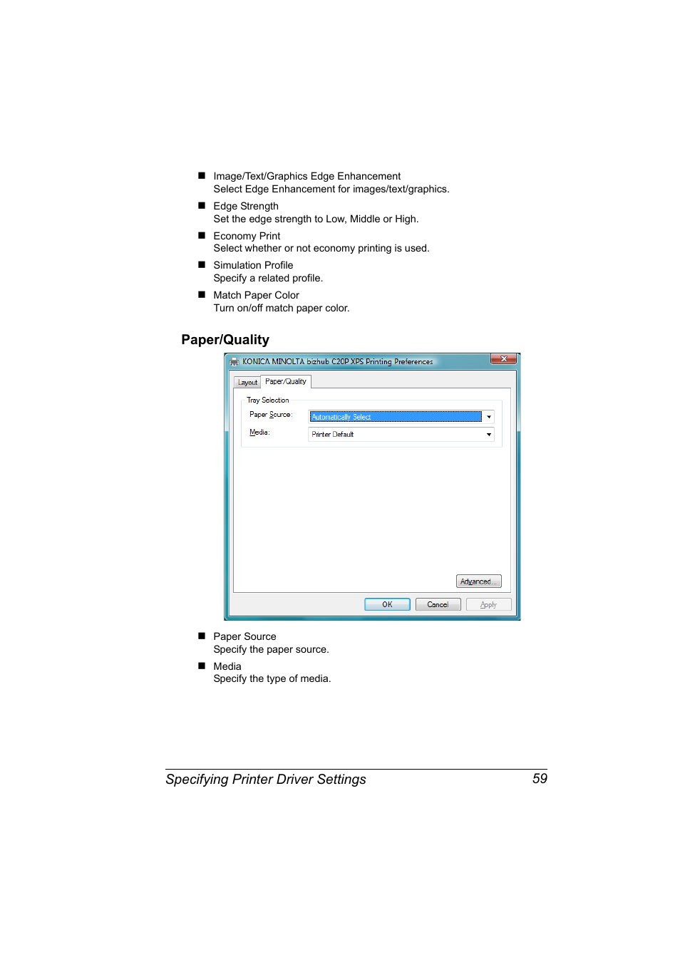 Paper/quality, Paper/quality 59, Specifying printer driver settings 59 | Konica Minolta bizhub C20PX User Manual | Page 77 / 342