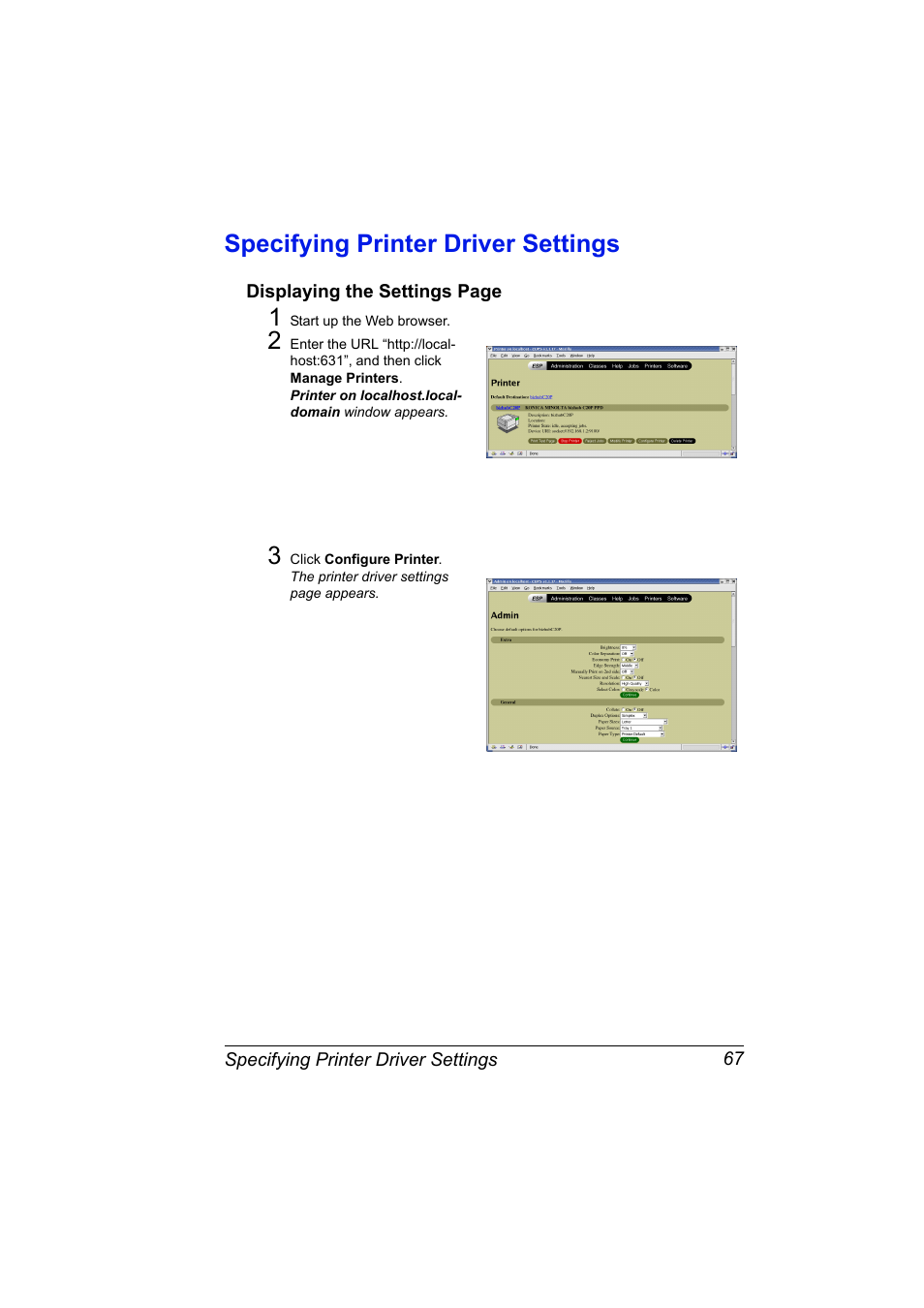 Specifying printer driver settings, Specifying printer driver settings 67 | Konica Minolta bizhub C20PX User Manual | Page 85 / 342