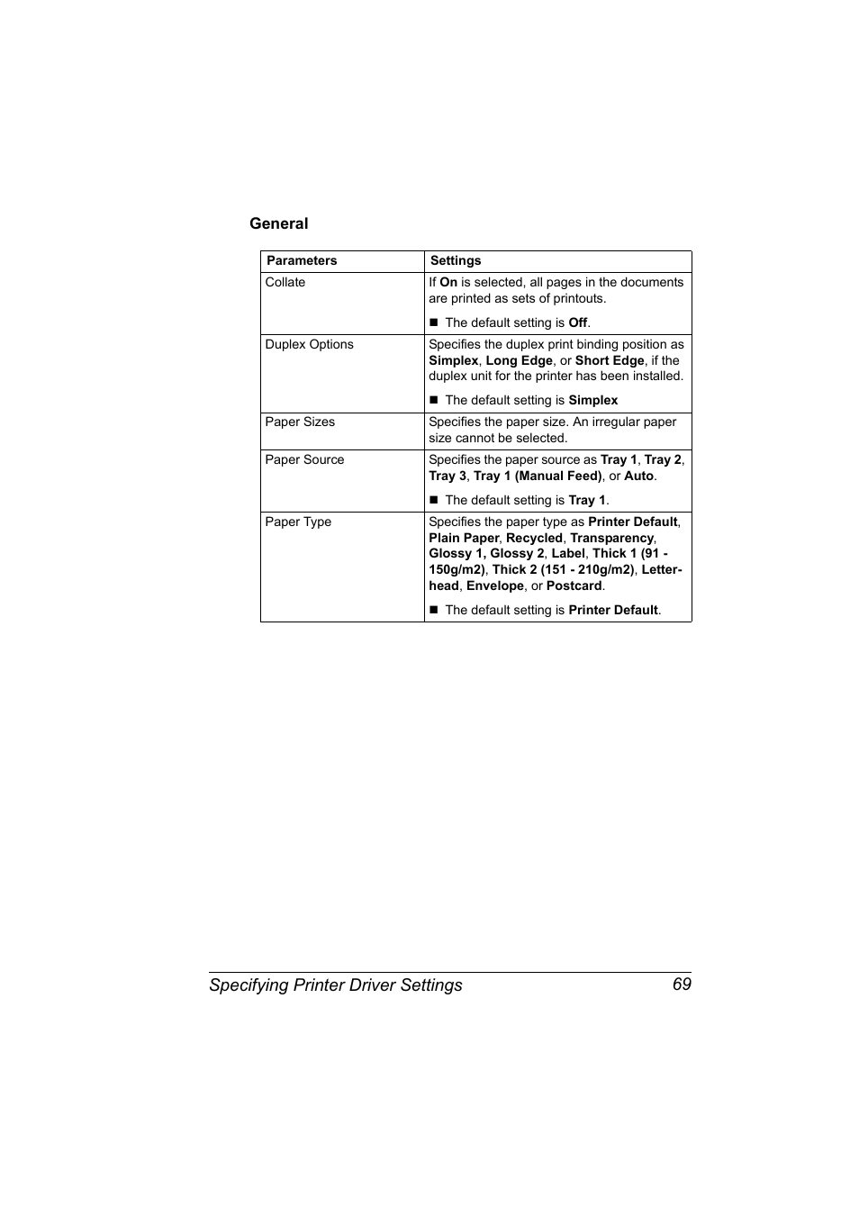 General, General 69, Specifying printer driver settings 69 | Konica Minolta bizhub C20PX User Manual | Page 87 / 342