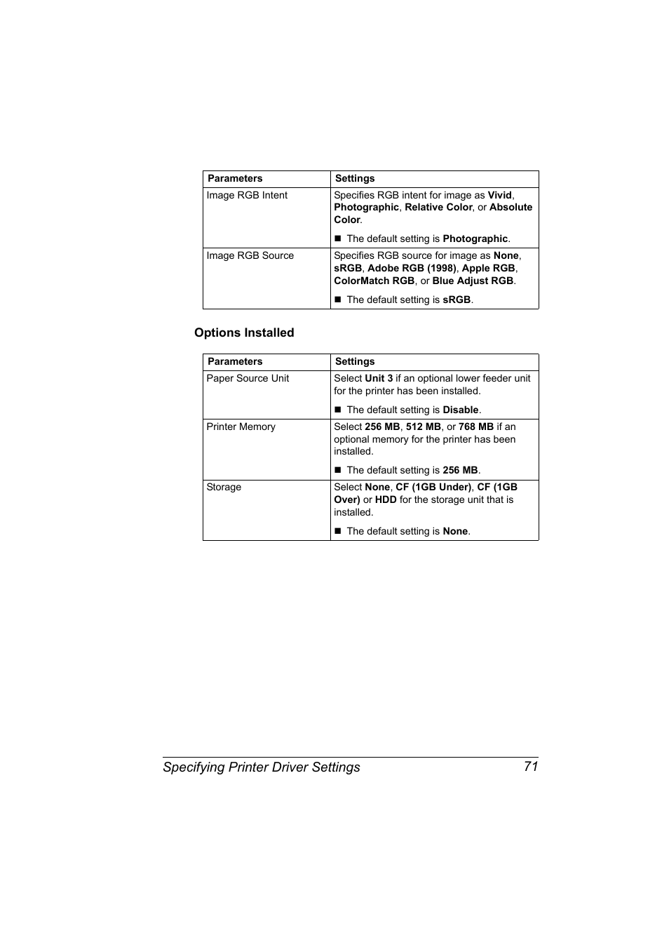 Options installed, Options installed 71, Specifying printer driver settings 71 | Konica Minolta bizhub C20PX User Manual | Page 89 / 342