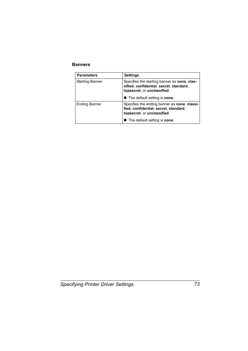 Banners, Banners 73, Specifying printer driver settings 73 | Konica Minolta bizhub C20PX User Manual | Page 91 / 342