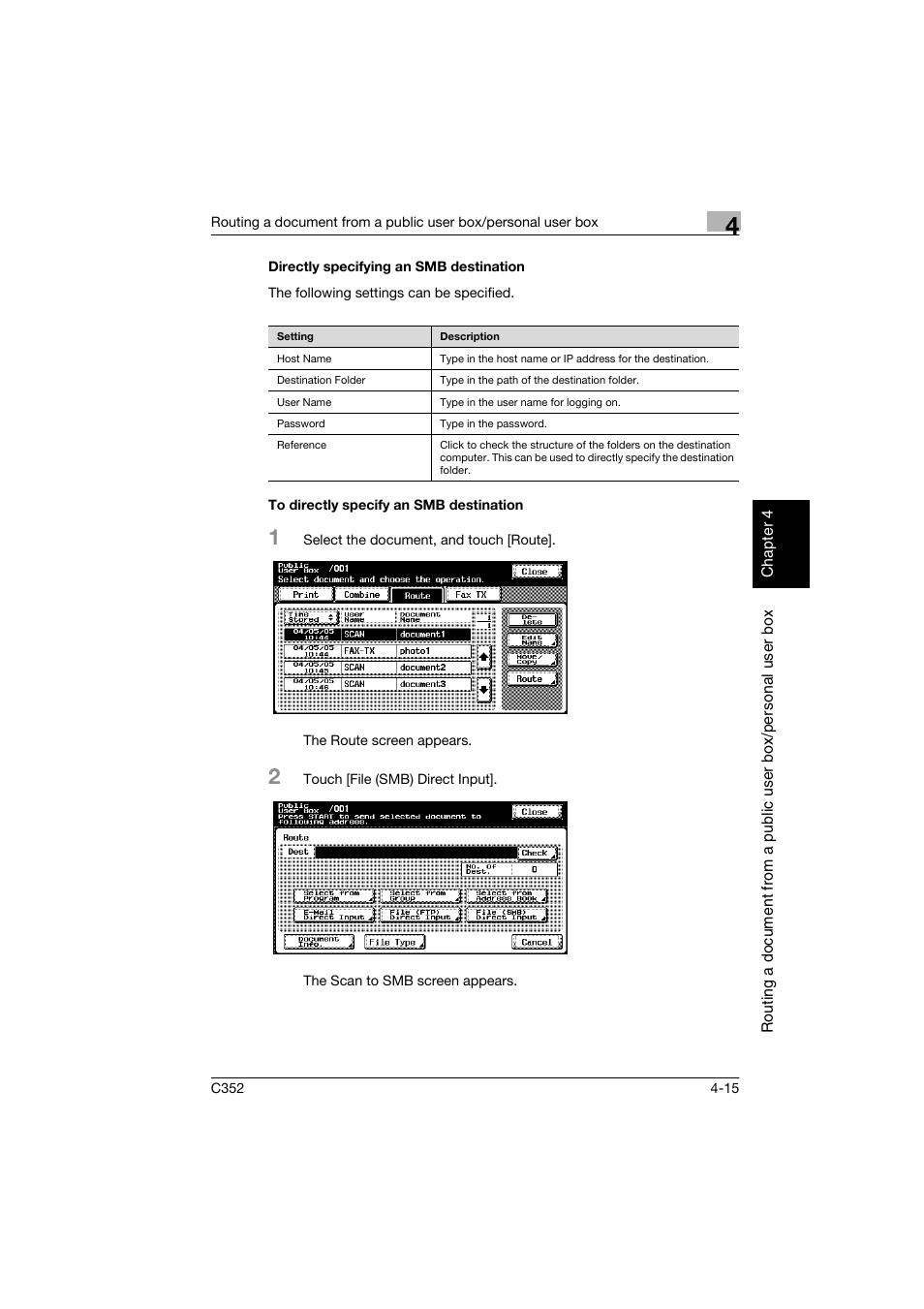 Directly specifying an smb destination, To directly specify an smb destination, P. 4-15 | Konica Minolta bizhub C352 User Manual | Page 100 / 198