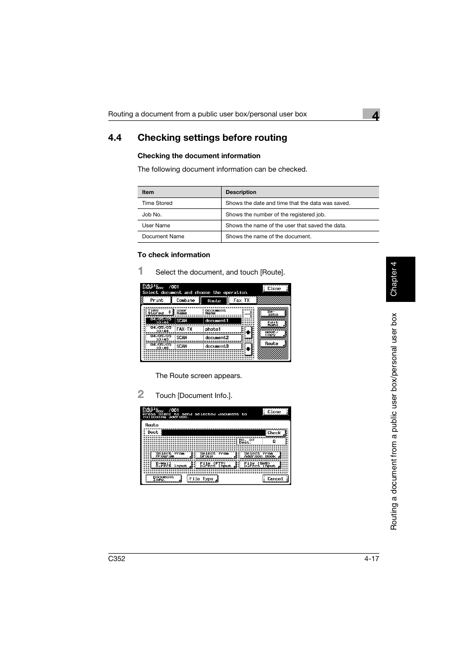 4 checking settings before routing, Checking the document information, To check information | Checking settings before routing -17 | Konica Minolta bizhub C352 User Manual | Page 102 / 198