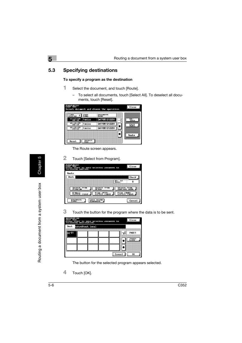 3 specifying destinations, To specify a program as the destination, Specifying destinations -6 | To specify a program as the destination -6, P. 5-6 | Konica Minolta bizhub C352 User Manual | Page 113 / 198