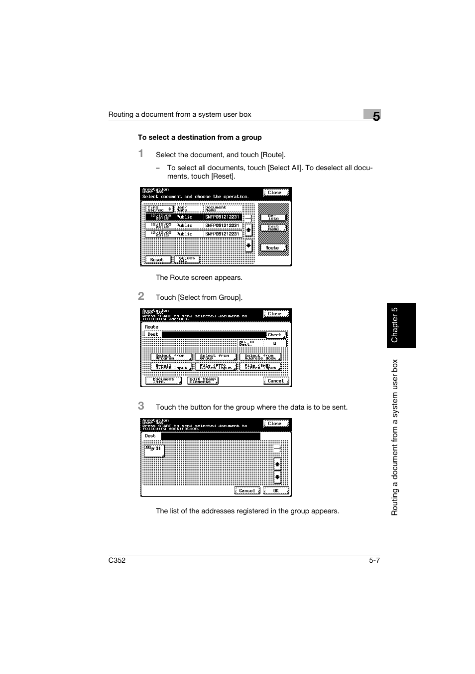 To select a destination from a group, To select a destination from a group -7, P. 5-7 | Konica Minolta bizhub C352 User Manual | Page 114 / 198