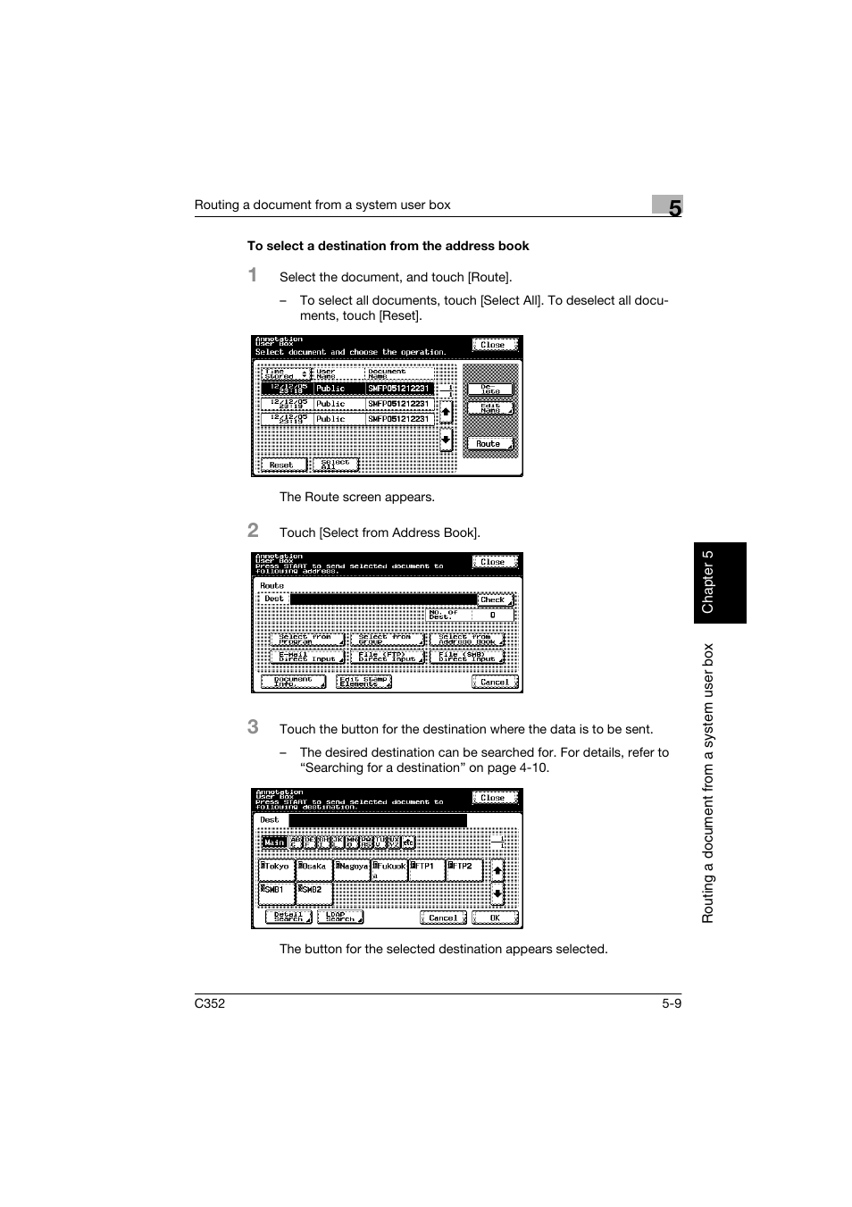 To select a destination from the address book, To select a destination from the address book -9, P. 5-9 | Konica Minolta bizhub C352 User Manual | Page 116 / 198