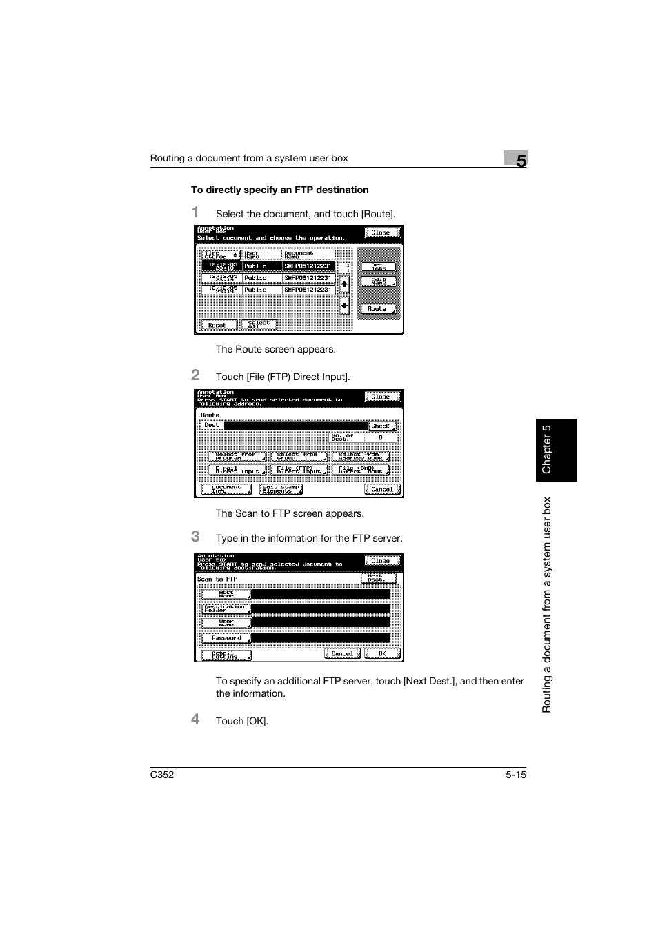 To directly specify an ftp destination, To directly specify an ftp destination -15, P. 5-15 | Konica Minolta bizhub C352 User Manual | Page 122 / 198