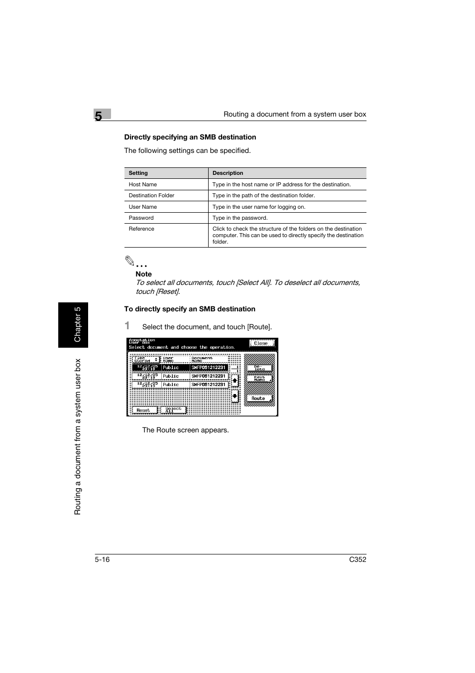 Directly specifying an smb destination, To directly specify an smb destination, P. 5-16 | Konica Minolta bizhub C352 User Manual | Page 123 / 198