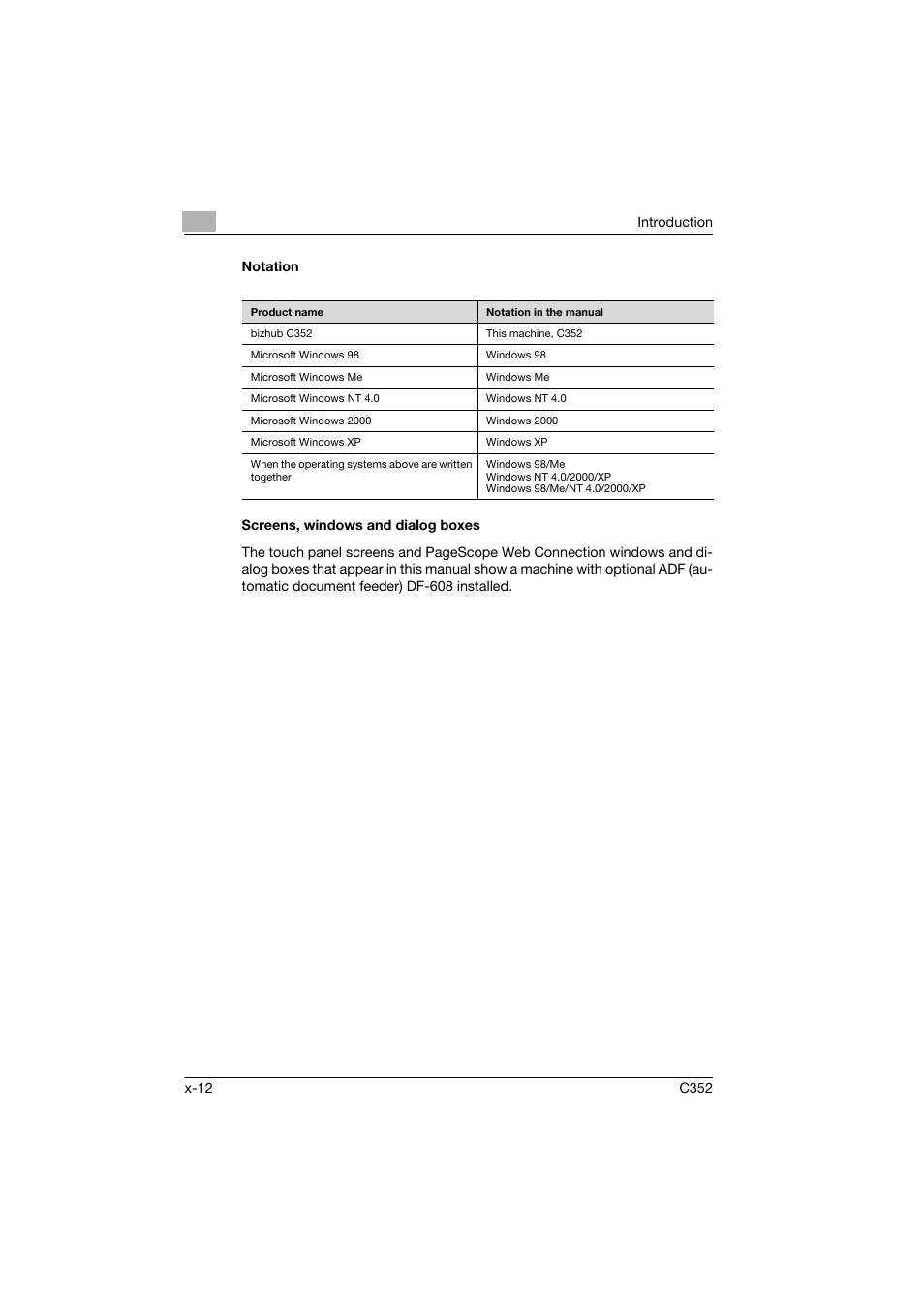 Notation, Screens, windows and dialog boxes | Konica Minolta bizhub C352 User Manual | Page 13 / 198