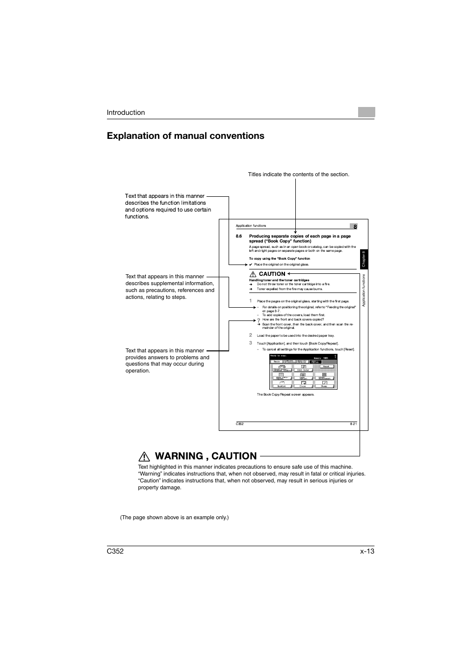 Explanation of manual conventions, Warning , caution | Konica Minolta bizhub C352 User Manual | Page 14 / 198