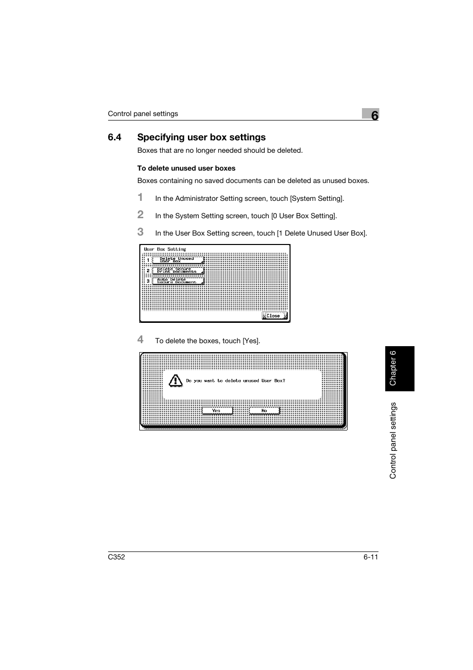 4 specifying user box settings, To delete unused user boxes, Specifying user box settings -11 | To delete unused user boxes -11, P. 6-11 | Konica Minolta bizhub C352 User Manual | Page 140 / 198
