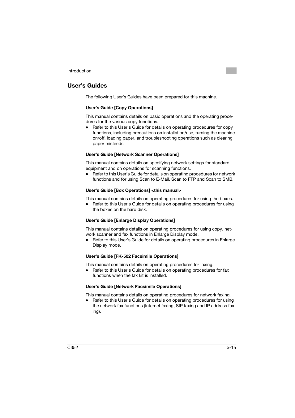 User’s guides, User’s guide [copy operations, User’s guide [network scanner operations | User’s guide [box operations] <this manual, User’s guide [enlarge display operations, User’s guide [fk-502 facsimile operations, User’s guide [network facsimile operations | Konica Minolta bizhub C352 User Manual | Page 16 / 198