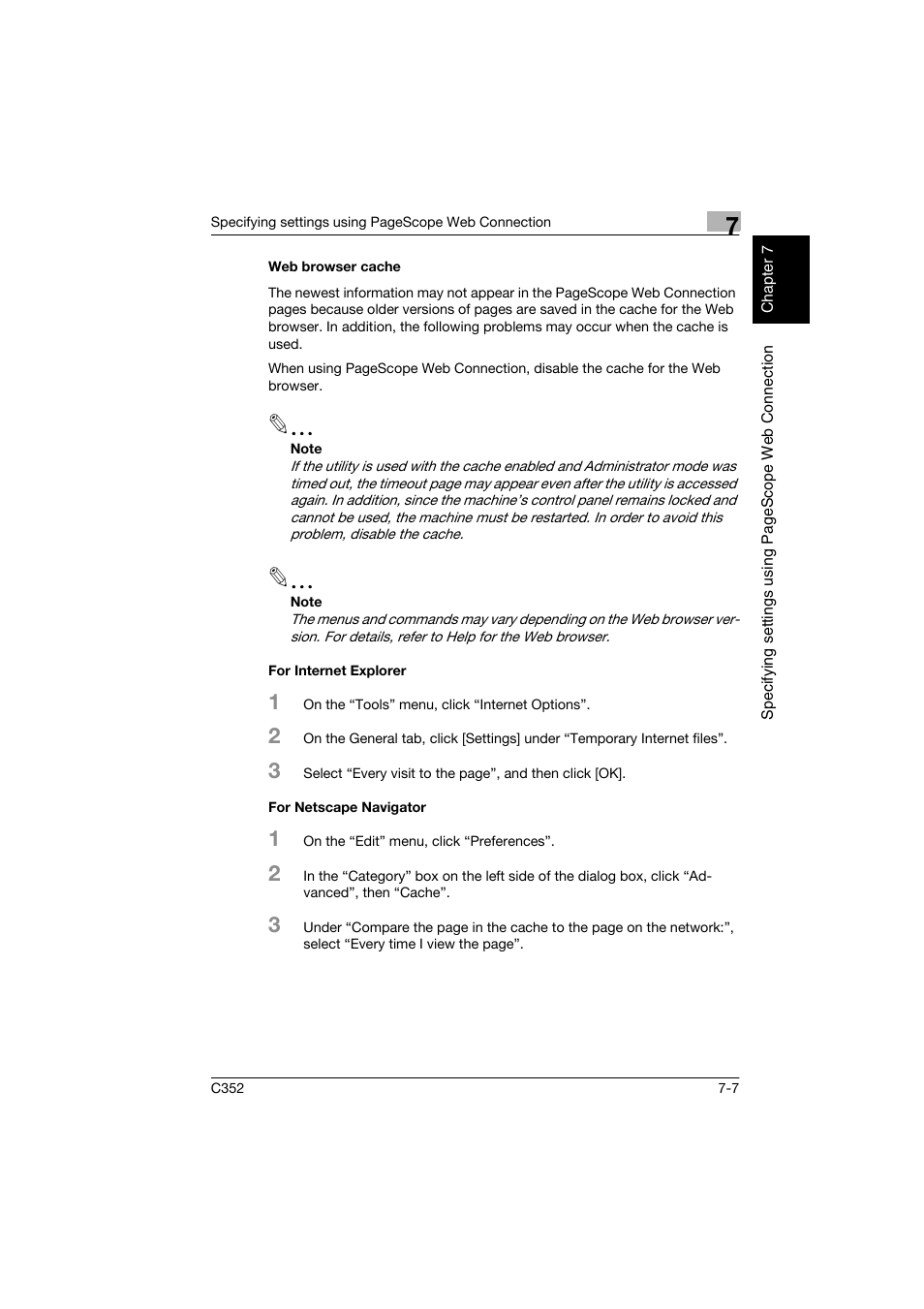 Web browser cache, For internet explorer, For netscape navigator | Konica Minolta bizhub C352 User Manual | Page 164 / 198